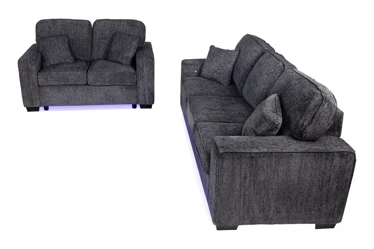 2-Piece Sofa Set – Built-In LED Lights Sofa & Loveseat – Dark Gray (F7496)
