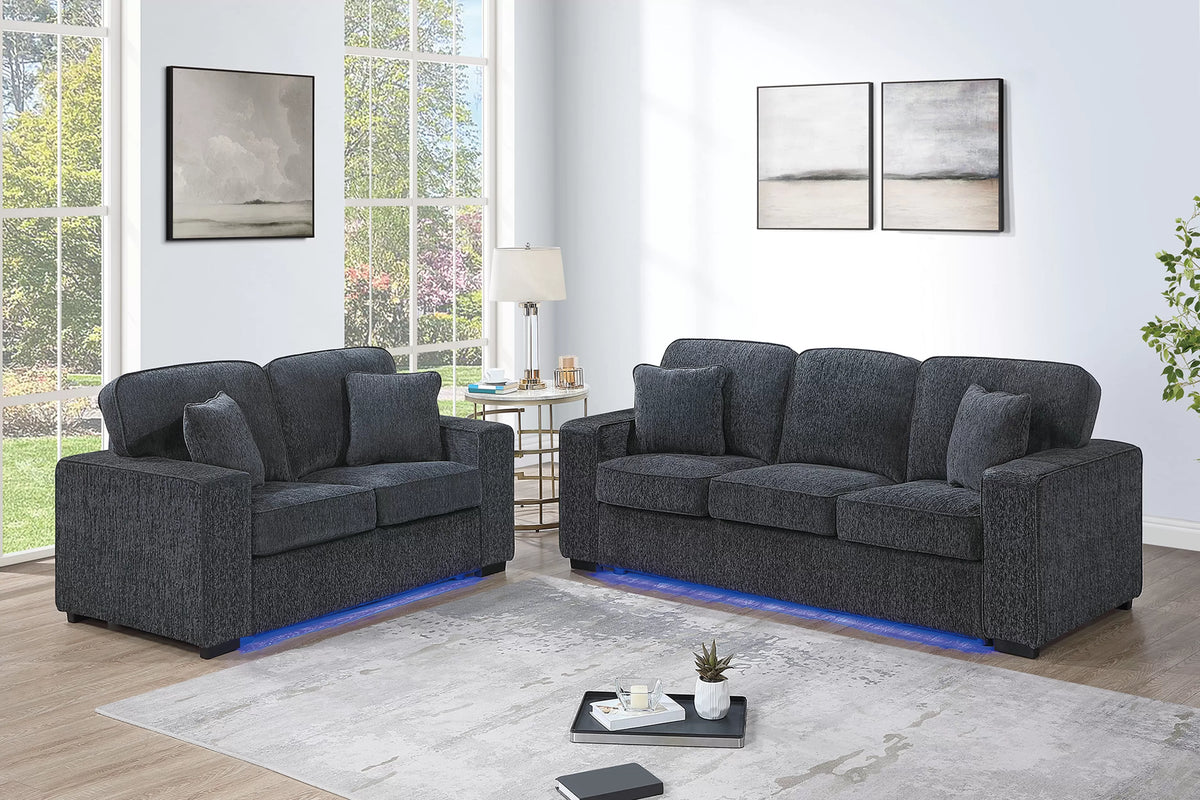 2-Piece Sofa Set – Built-In LED Lights Sofa & Loveseat – Dark Gray (F7496)