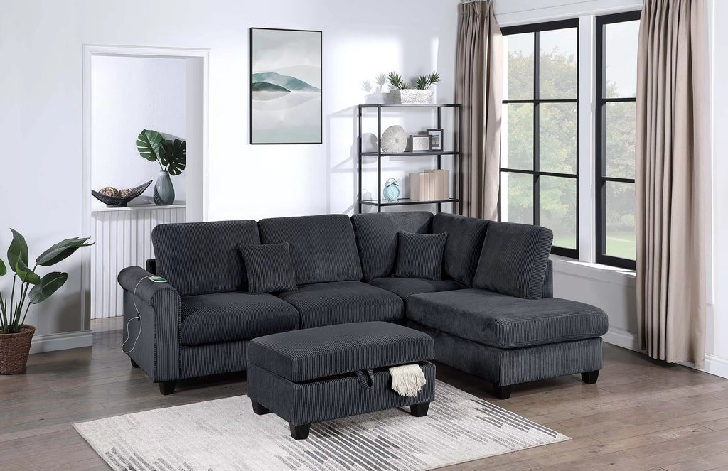 3-Piece Sectional Set – RAF Chaise + LAF Sofa W/ USB Port + Storage Ottoman – Black (F8300)