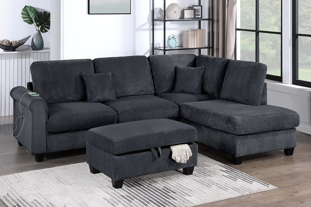 3-Piece Sectional Set – RAF Chaise + LAF Sofa W/ USB Port + Storage Ottoman – Black (F8300)