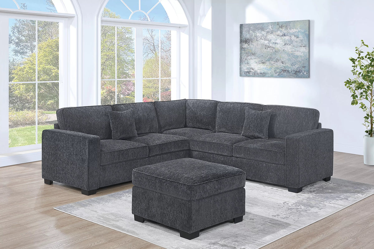 4-Piece Sectional Set – LAF One-Arm Loveseat + RAF One-Arm Loveseat + Corner Wedge + Ottoman – Gunmetal (F8311)