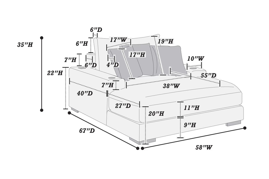 Chaise Lounge – W/2 Cup Holders & USB Ports – Gray (F8331)