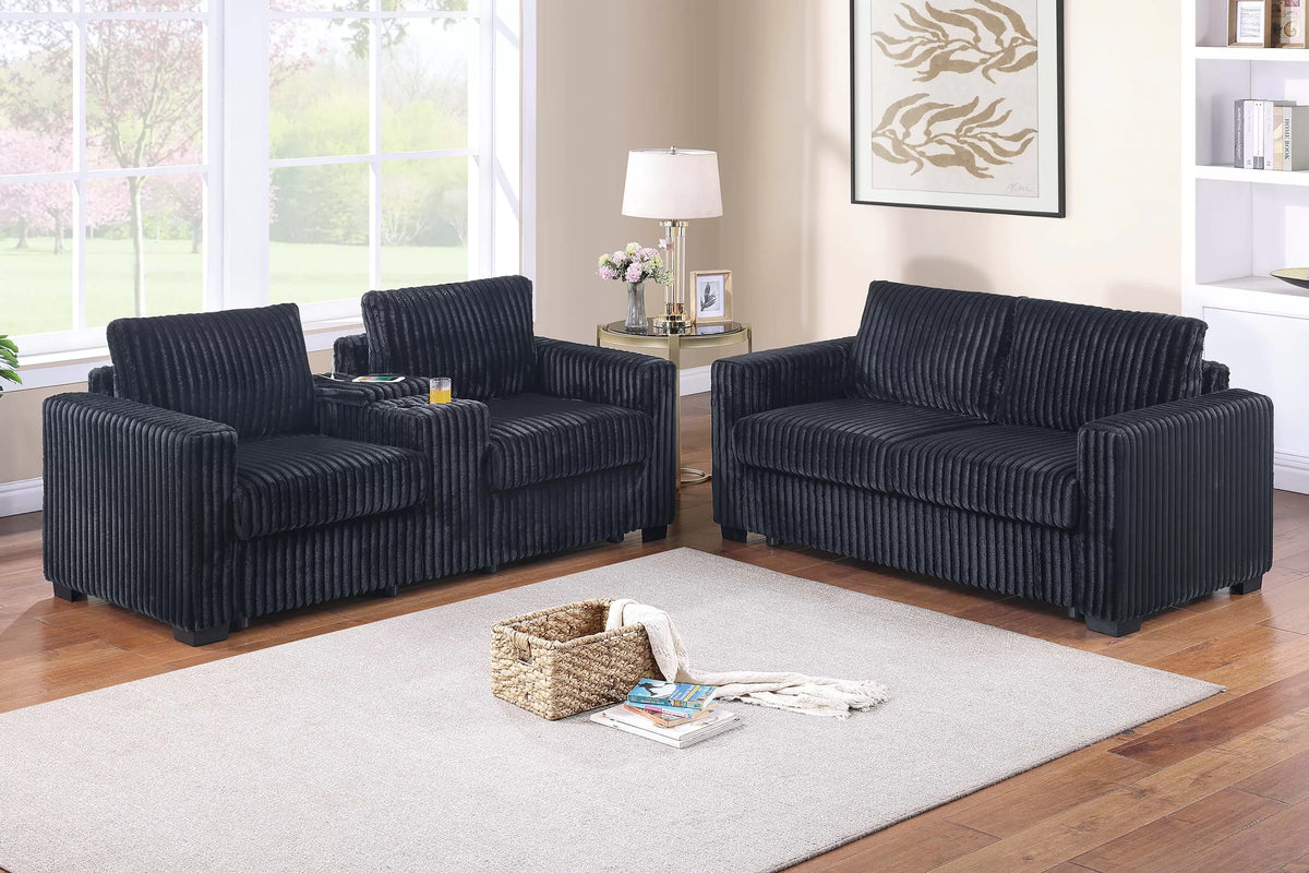 2-Piece Sofa Set – Sofa + Loveseat + Cup Holders + Console + Charging Station – Black (F8350)
