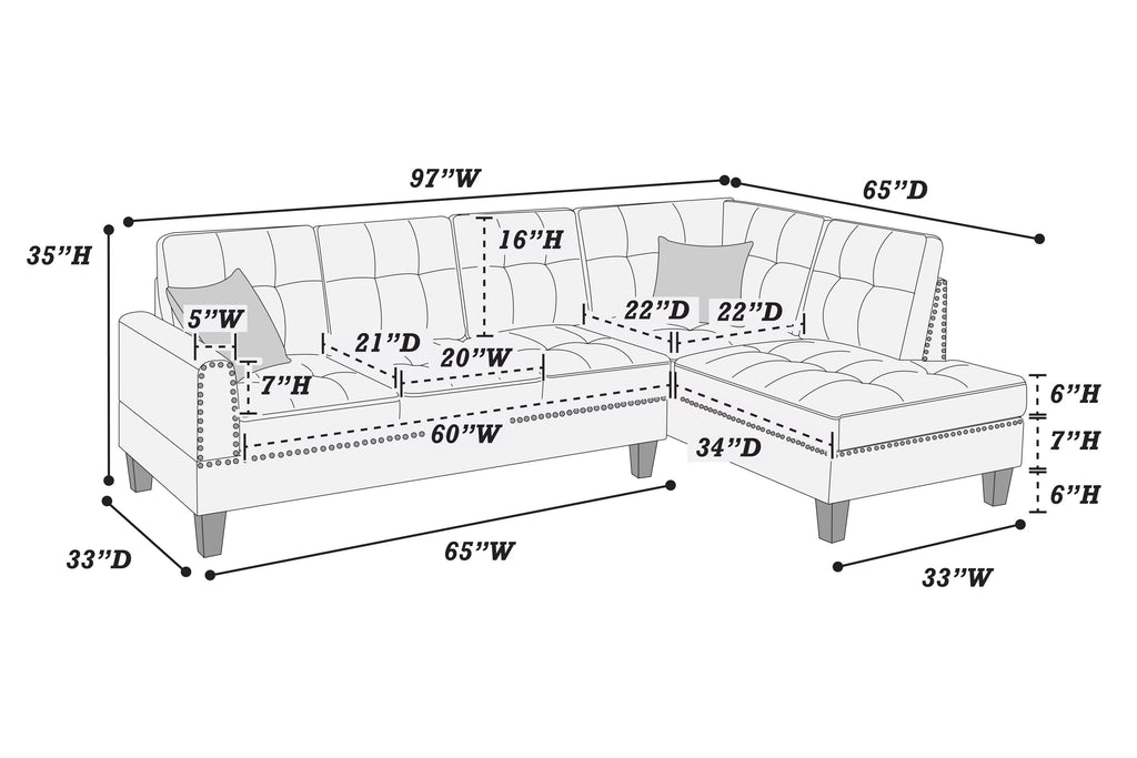 2-Piece Sectional Set – 2pc Sectional Sofa w/ 2 Accent Pillows – Charcoal (F8370)