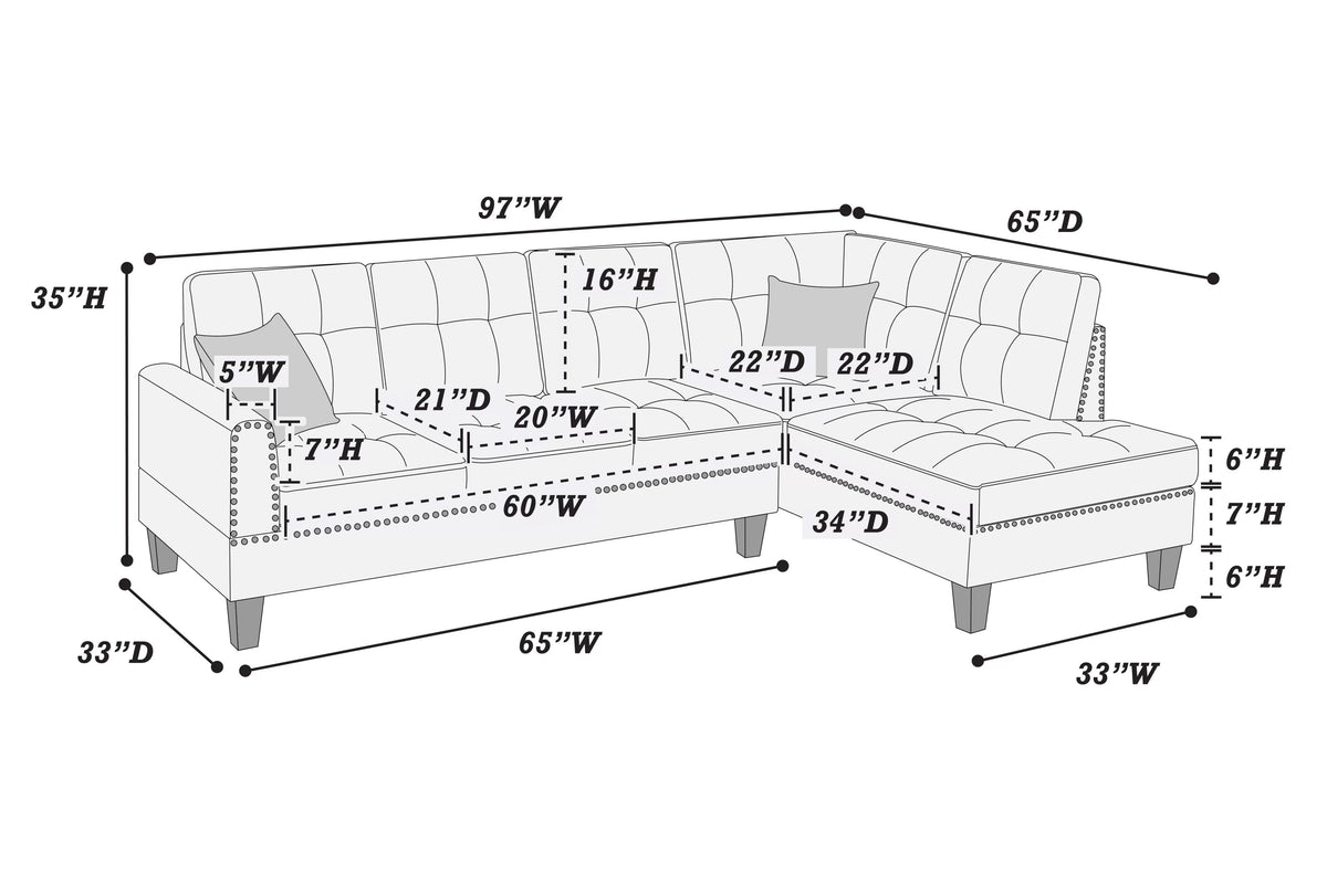 2-Piece Sectional Set – 2pc Sectional Sofa w/ 2 Accent Pillows – Charcoal (F8370)