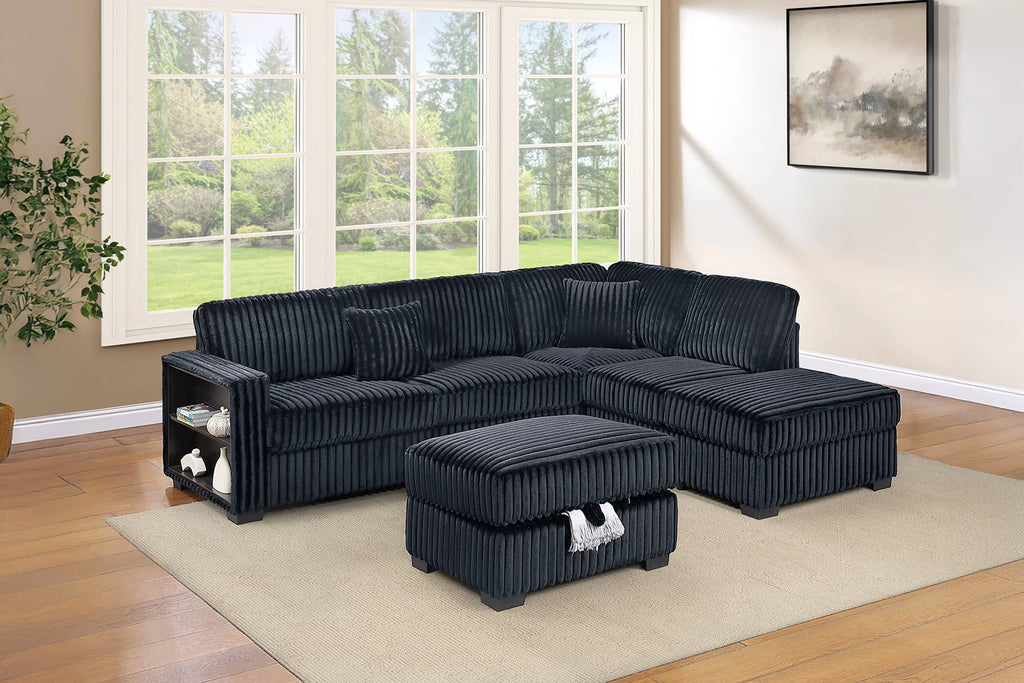 3-Piece Sectional Set – Reversible Chaise + Built-In Shelf + Storage Ottoman – Black (F8377)