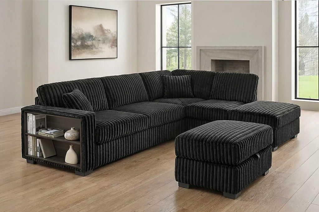 3-Piece Sectional Set – Reversible Chaise + Built-In Shelf + Storage Ottoman – Black (F8377)