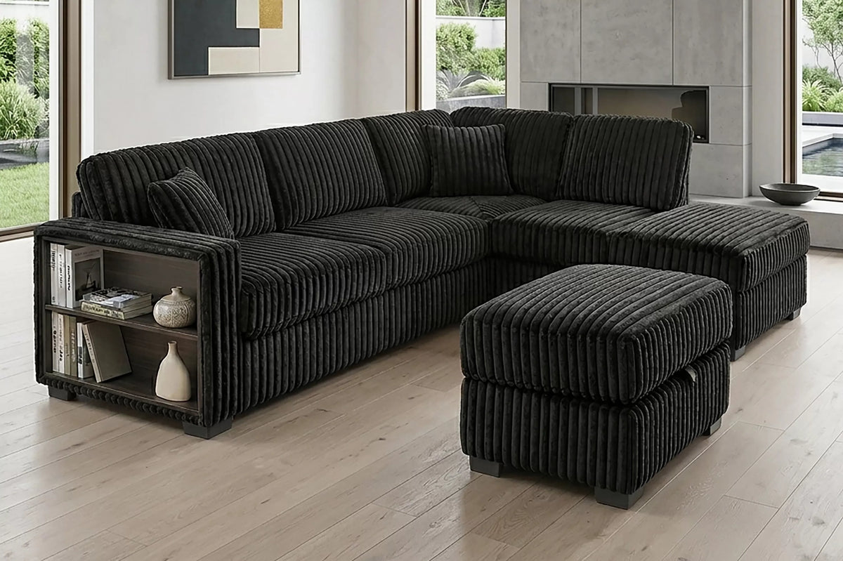 3-Piece Sectional Set – Reversible Chaise + Built-In Shelf + Storage Ottoman – Black (F8377)