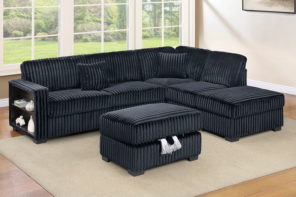 3-Piece Sectional Set – Reversible Chaise + Built-In Shelf + Storage Ottoman – Black (F8377)