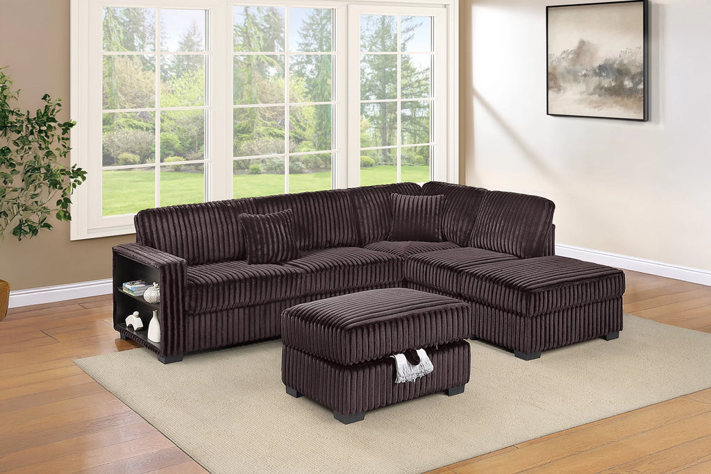 3-Piece Sectional Set – Reversible Chaise + Built-In Shelf + Storage Ottoman – Coffee (F8378)