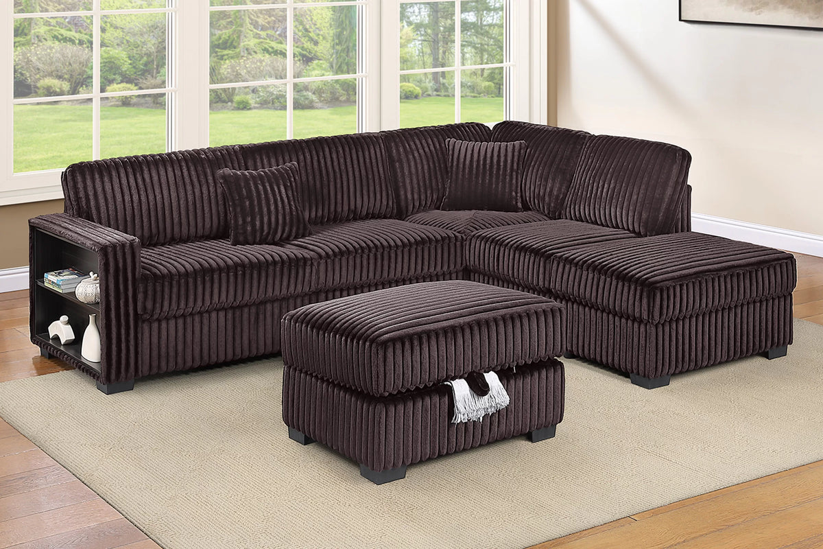 3-Piece Sectional Set – Reversible Chaise + Built-In Shelf + Storage Ottoman – Coffee (F8378)