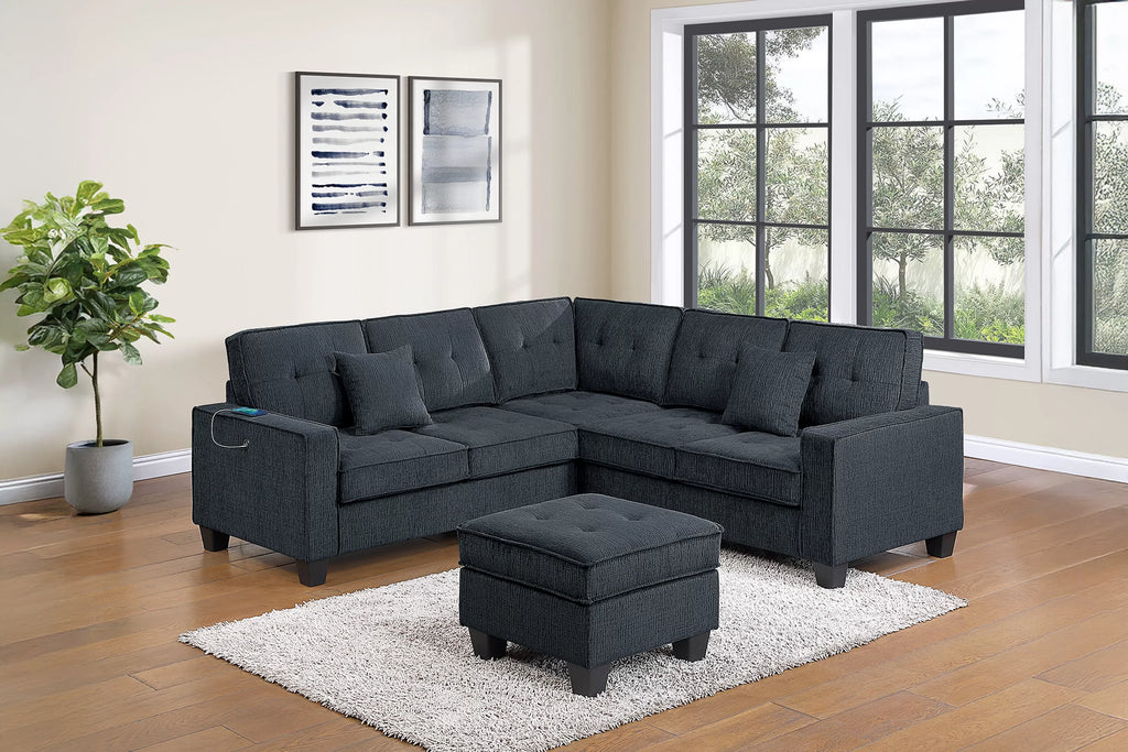 4-Piece Sectional Set – LAF/RAF Loveseat + Corner Wedge + Cocktail Ottoman + USB Port – Slate Black (F8379)