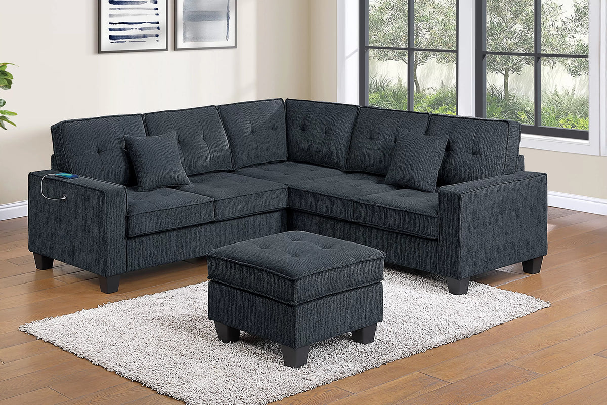 4-Piece Sectional Set – LAF/RAF Loveseat + Corner Wedge + Cocktail Ottoman + USB Port – Slate Black (F8379)