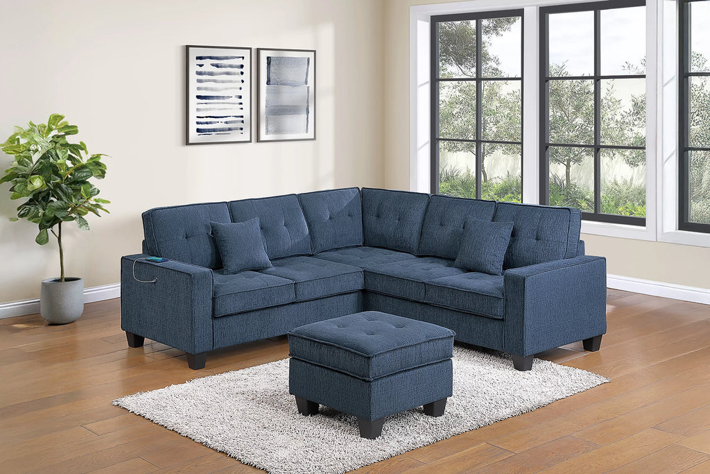 4-Piece Sectional Set – LAF/RAF Loveseat + Corner Wedge + Cocktail Ottoman + USB Port – Dark Blue (F8380)