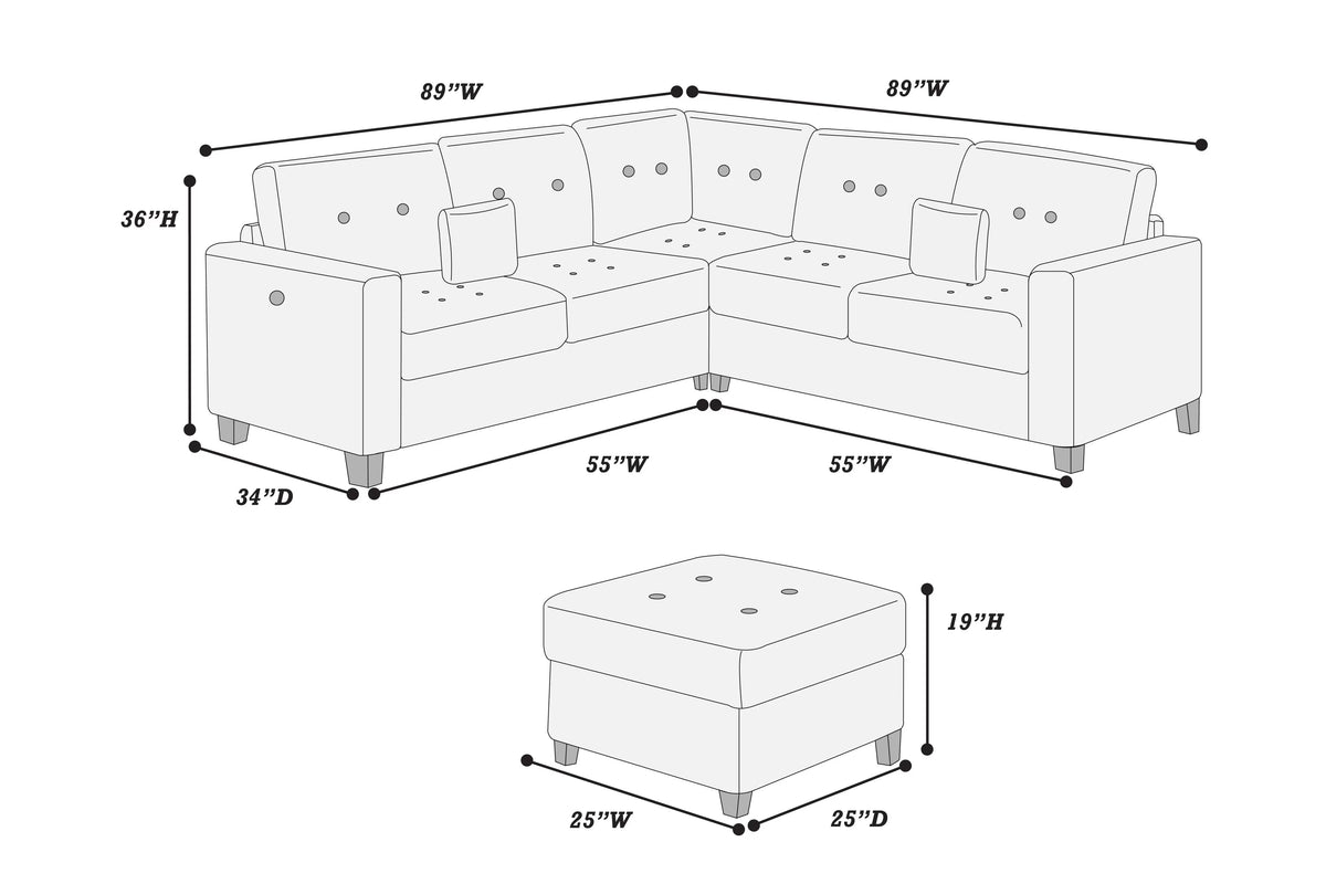 4-Piece Sectional Set – LAF/RAF Loveseat + Corner Wedge + Cocktail Ottoman + USB Port – Dark Blue (F8380)