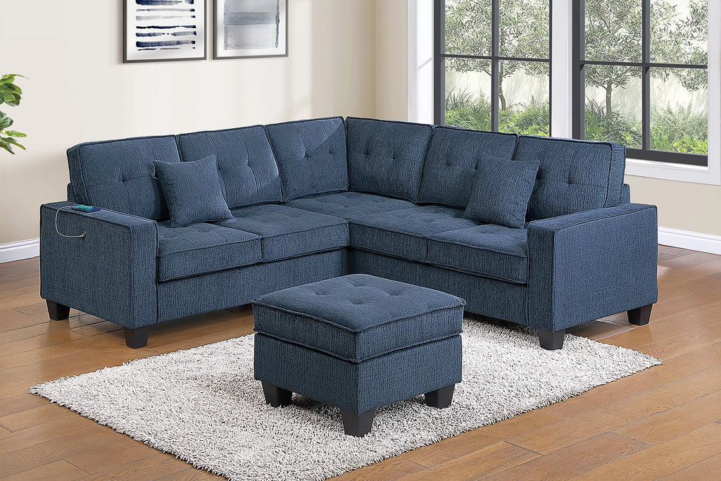 4-Piece Sectional Set – LAF/RAF Loveseat + Corner Wedge + Cocktail Ottoman + USB Port – Dark Blue (F8380)