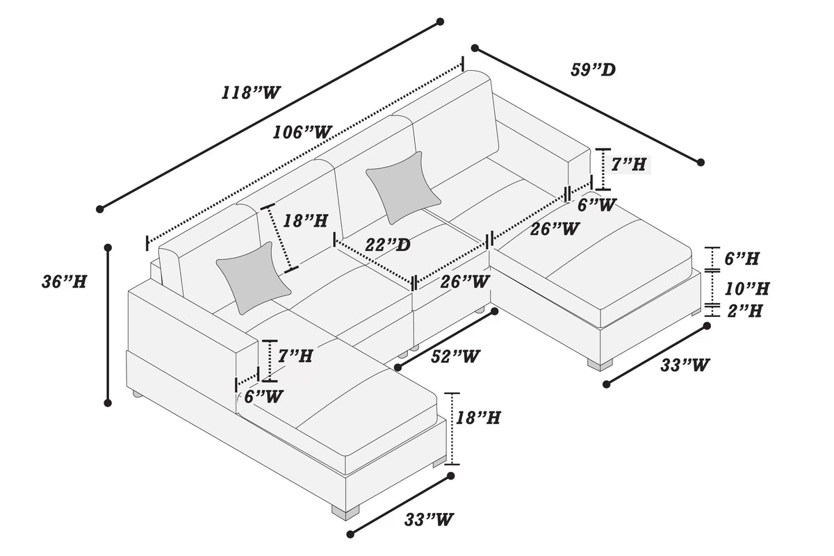 3-Piece Sectional Set – RAF/LAF Chaise + Armless Loveseat (Armless Chair x 2) – Black (F8394)