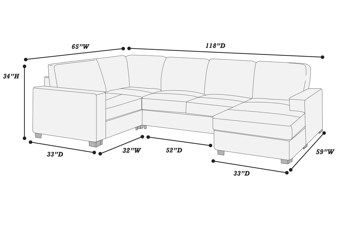 3-Piece Sectional Set – RAF Chaise + Armless Loveseat + LAF One-Arm Chair W/ Corner Wedge – Black (F8398)