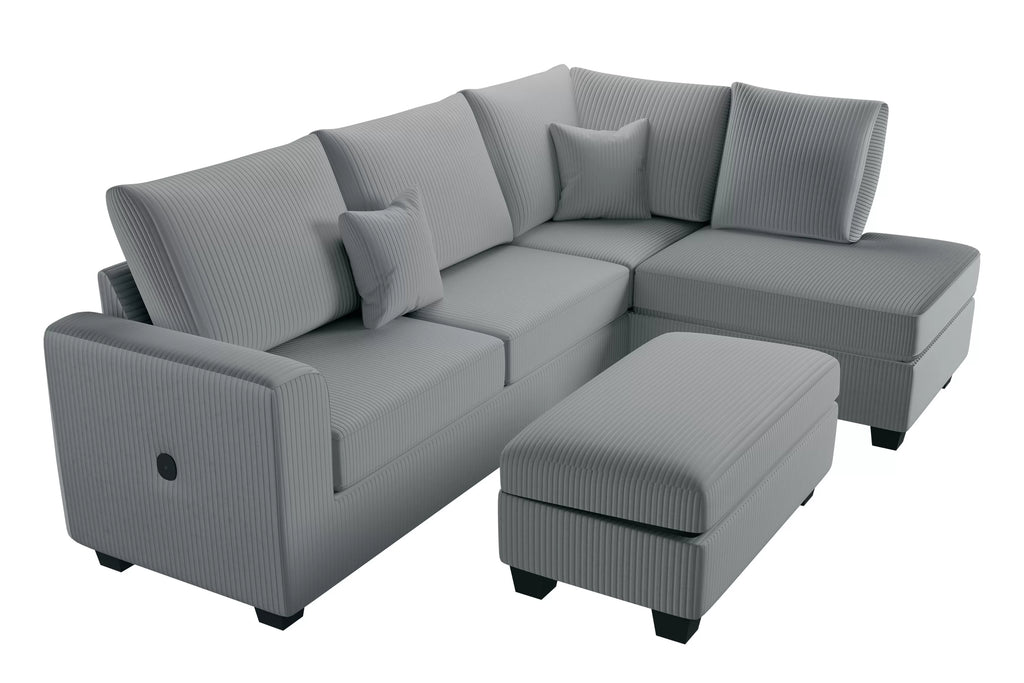 3-Piece Sectional Set – RAF Chaise + LAF Sofa W/ USB Port + Storage Ottoman – Fog (F8451)