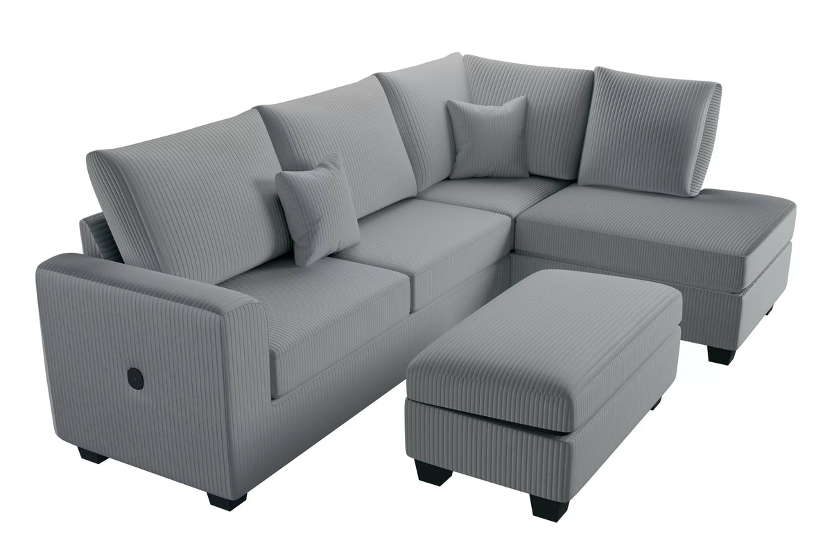 3-Piece Sectional Set – RAF Chaise + LAF Sofa W/ USB Port + Storage Ottoman – Fog (F8451)