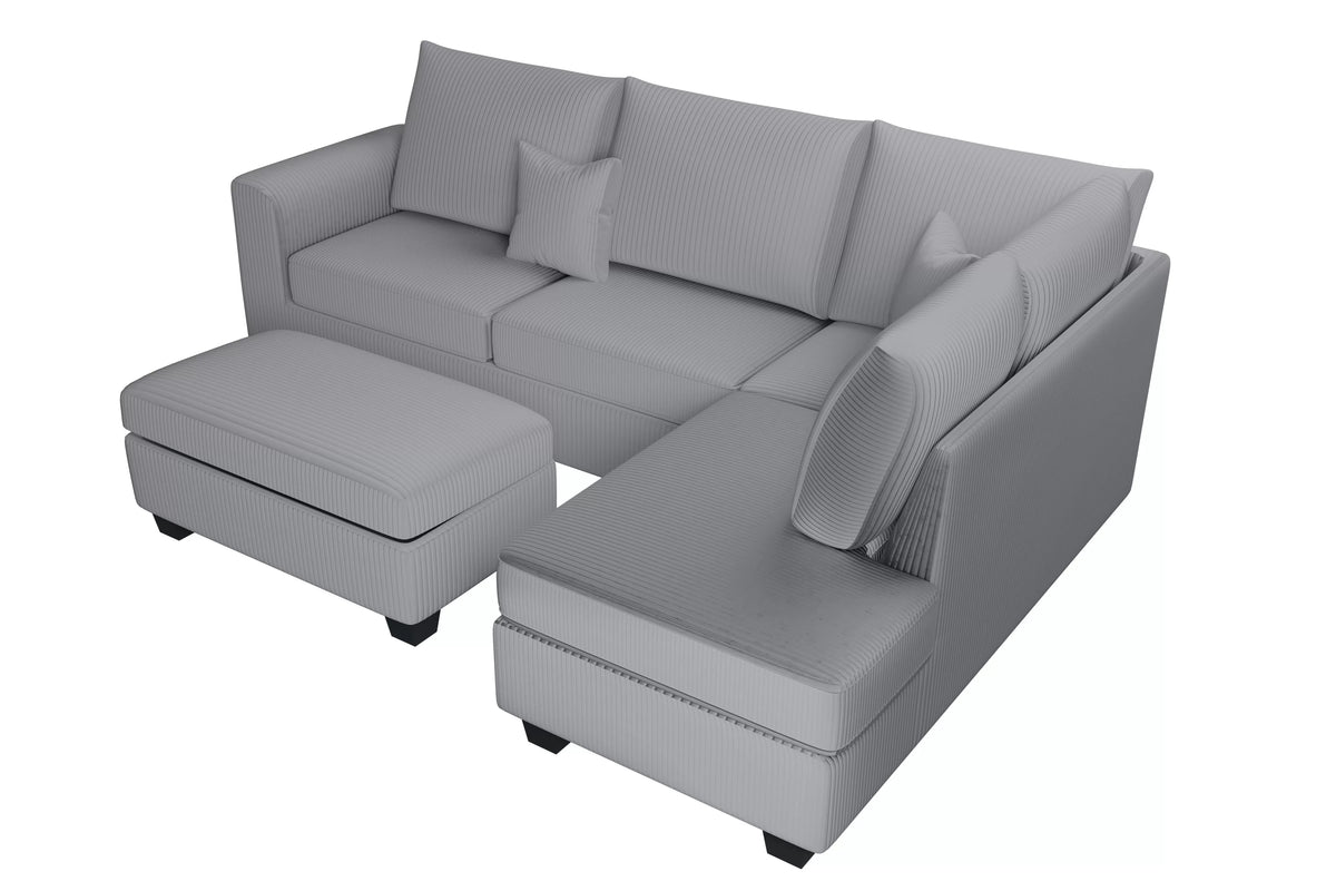3-Piece Sectional Set – RAF Chaise + LAF Sofa W/ USB Port + Storage Ottoman – Fog (F8451)