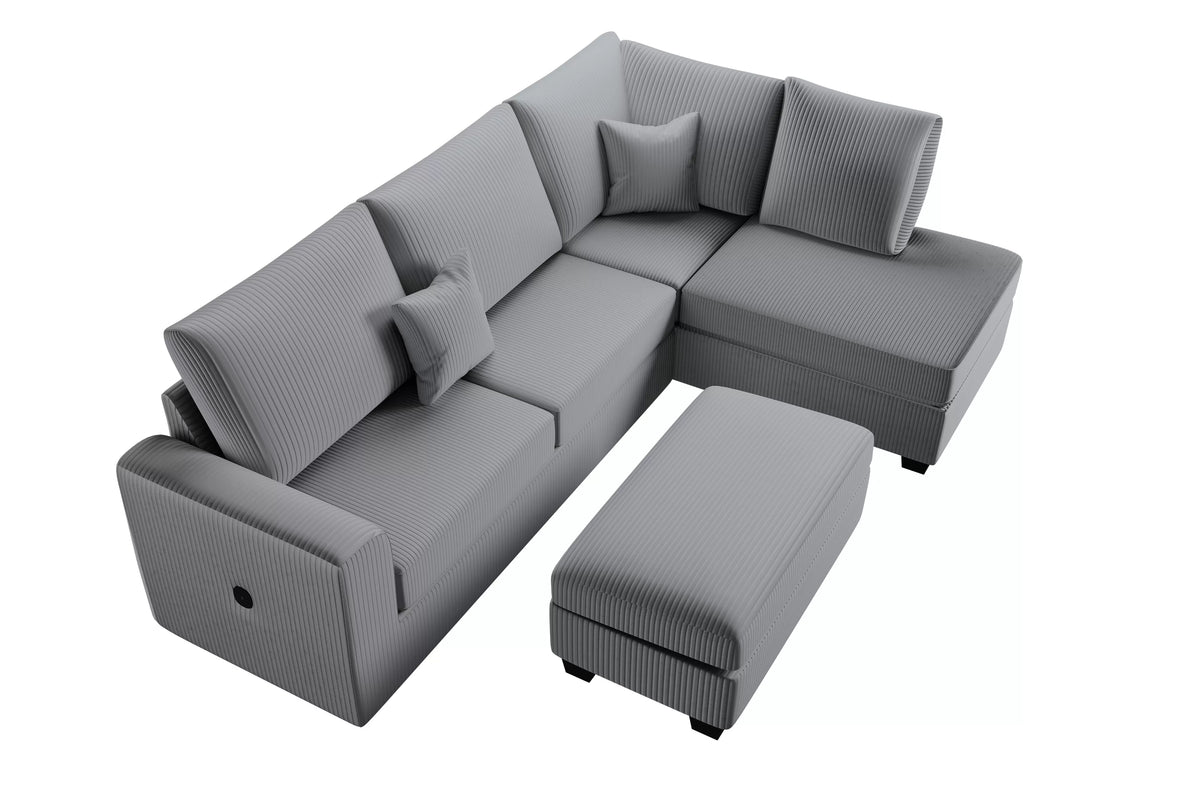 3-Piece Sectional Set – RAF Chaise + LAF Sofa W/ USB Port + Storage Ottoman – Fog (F8451)
