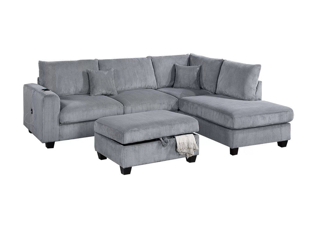 3-Piece Sectional Set – RAF Chaise + LAF Sofa W/ USB Port + Storage Ottoman – Fog (F8451)