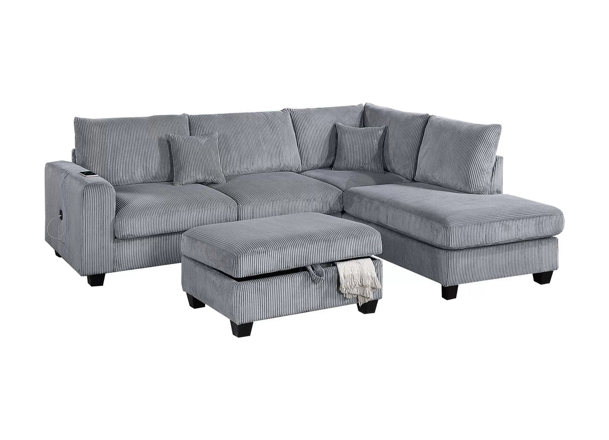 3-Piece Sectional Set – RAF Chaise + LAF Sofa W/ USB Port + Storage Ottoman – Fog (F8451)