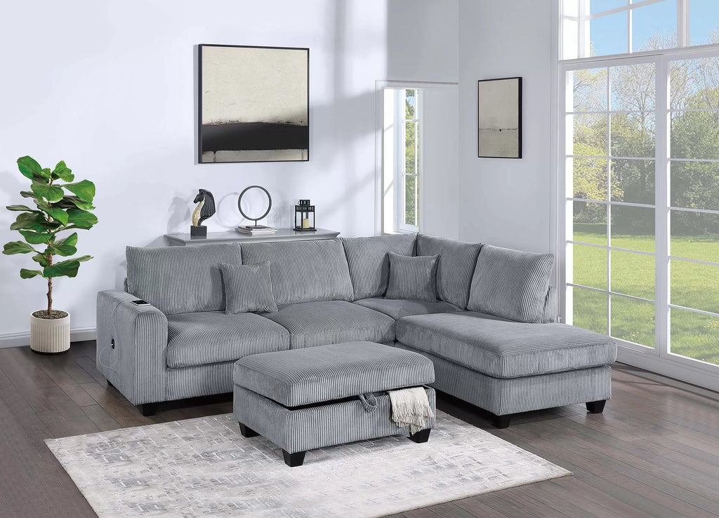 3-Piece Sectional Set – RAF Chaise + LAF Sofa W/ USB Port + Storage Ottoman – Fog (F8451)