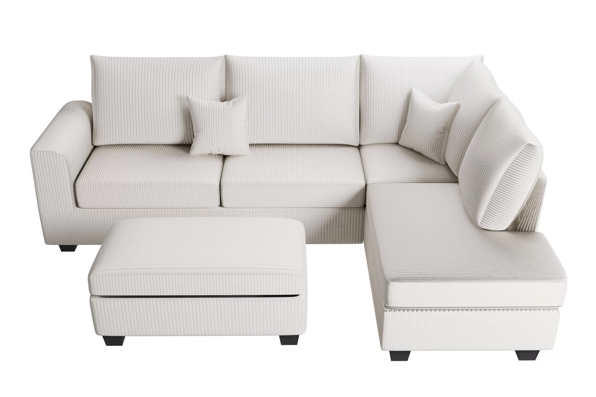 3-Piece Sectional Set – RAF Chaise + LAF Sofa W/ USB Port + Storage Ottoman – Ivory (F8452)