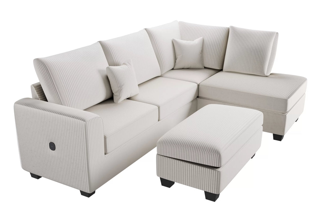 3-Piece Sectional Set – RAF Chaise + LAF Sofa W/ USB Port + Storage Ottoman – Ivory (F8452)