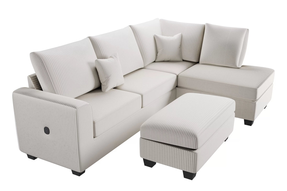 3-Piece Sectional Set – RAF Chaise + LAF Sofa W/ USB Port + Storage Ottoman – Ivory (F8452)