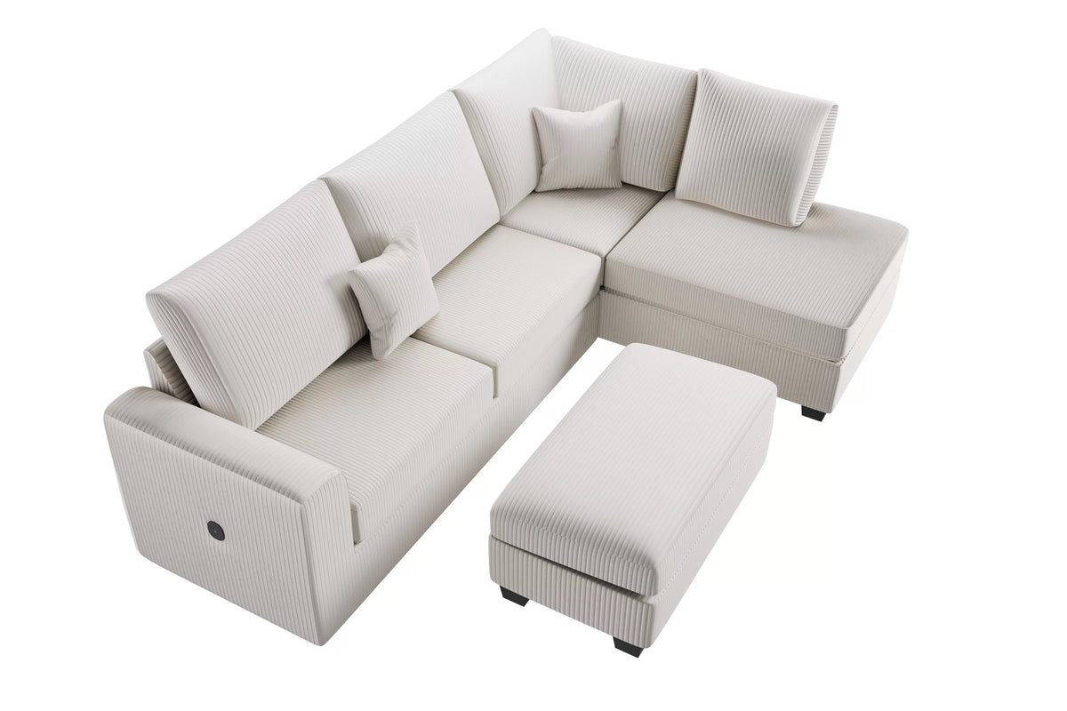 3-Piece Sectional Set – RAF Chaise + LAF Sofa W/ USB Port + Storage Ottoman – Ivory (F8452)