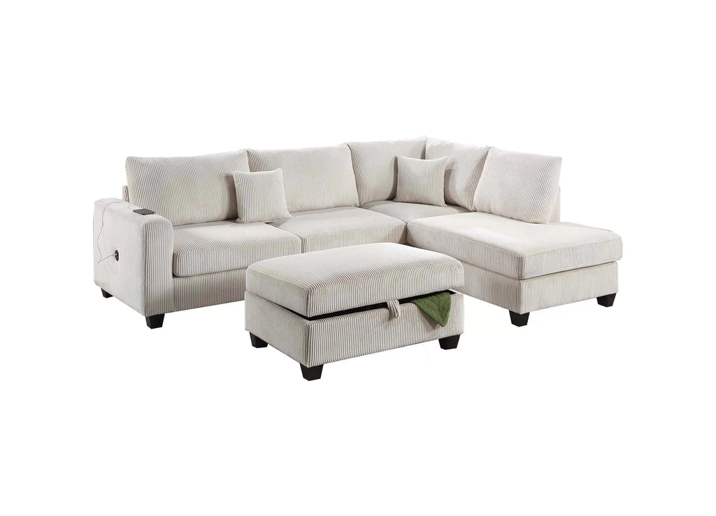 3-Piece Sectional Set – RAF Chaise + LAF Sofa W/ USB Port + Storage Ottoman – Ivory (F8452)