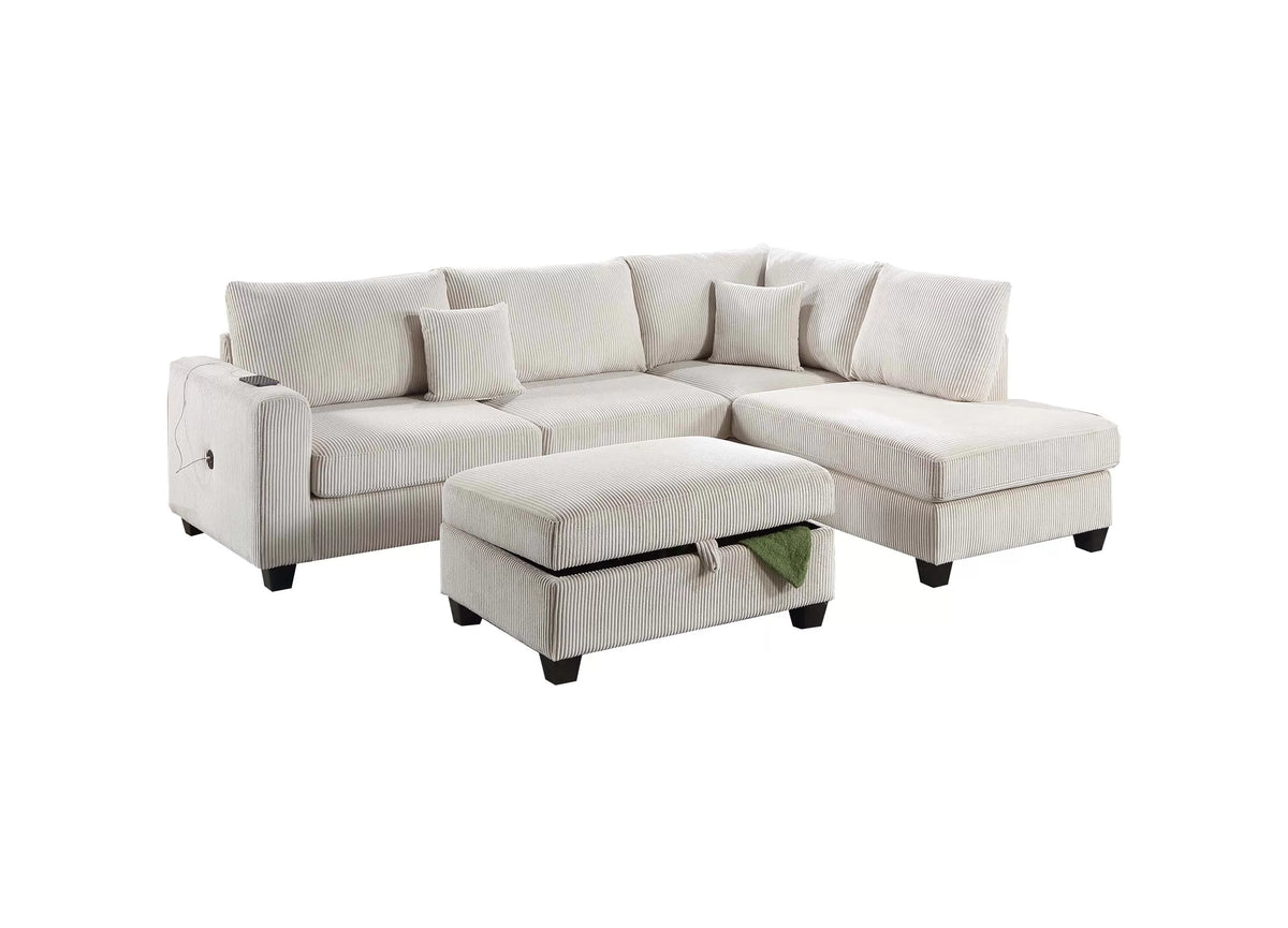 3-Piece Sectional Set – RAF Chaise + LAF Sofa W/ USB Port + Storage Ottoman – Ivory (F8452)