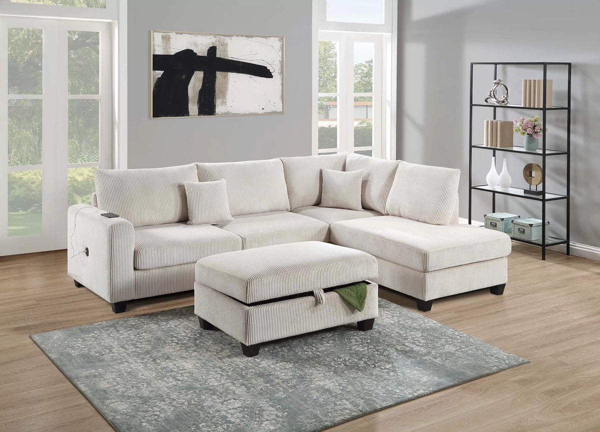 3-Piece Sectional Set – RAF Chaise + LAF Sofa W/ USB Port + Storage Ottoman – Ivory (F8452)