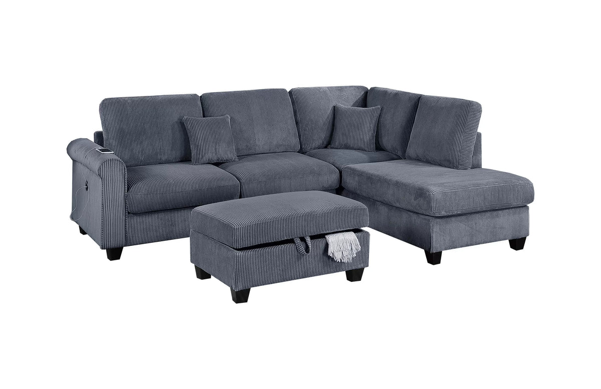 3-Piece Sectional Set – RAF Chaise + LAF Sofa W/ USB Port + Storage Ottoman – Dark Gray (F8453)