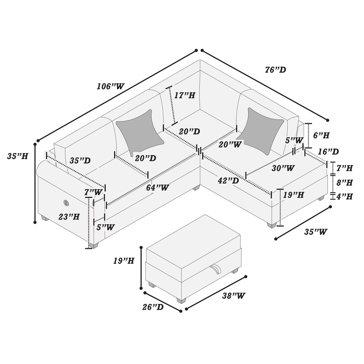 3-Piece Sectional Set – RAF Chaise + LAF Sofa W/ USB Port + Storage Ottoman – Dark Gray (F8453)