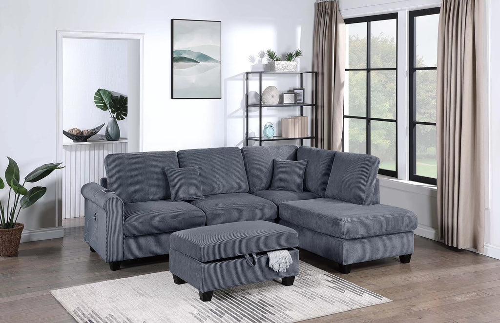 3-Piece Sectional Set – RAF Chaise + LAF Sofa W/ USB Port + Storage Ottoman – Dark Gray (F8453)