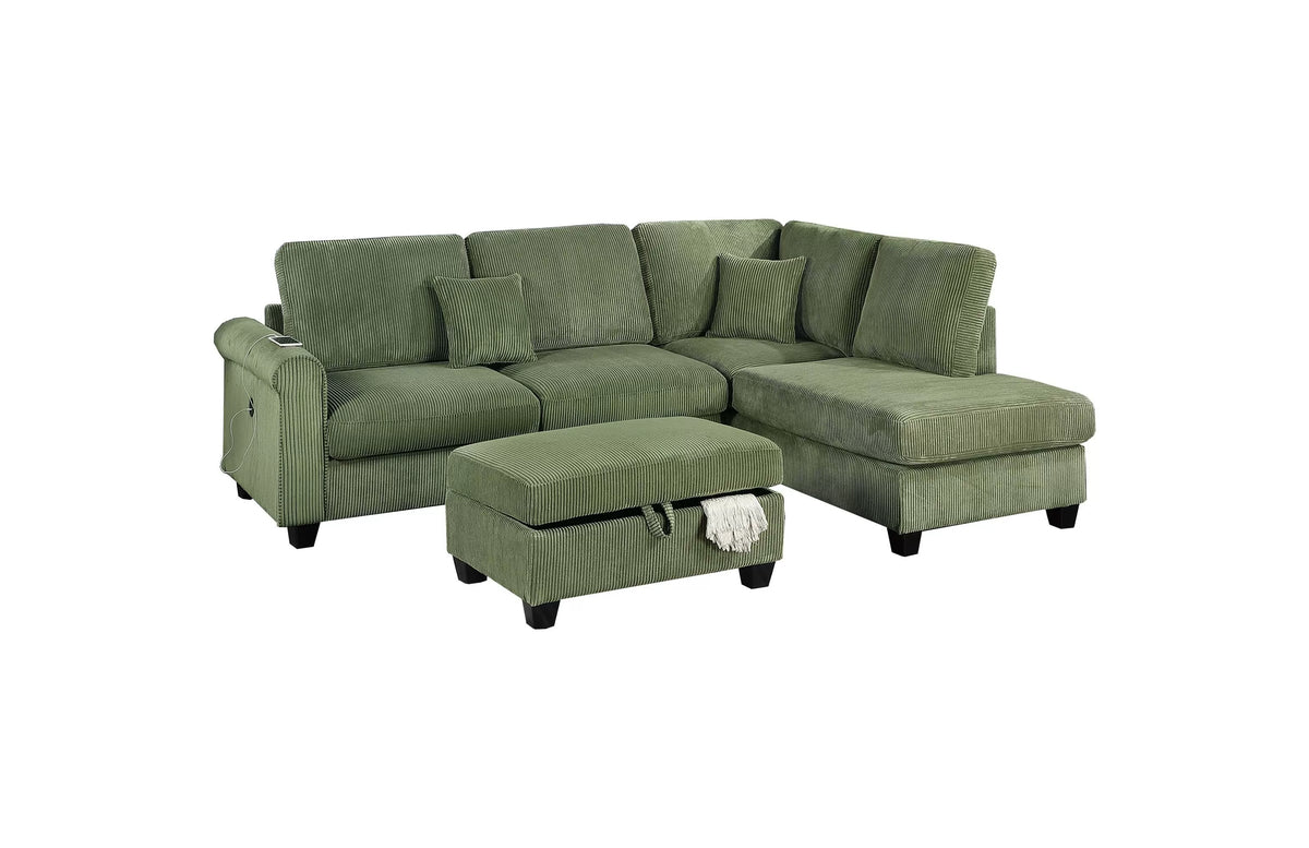 3-Piece Sectional Set – RAF Chaise + LAF Sofa W/ USB Port + Storage Ottoman – Sage (F8454)