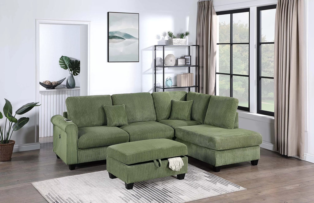 3-Piece Sectional Set – RAF Chaise + LAF Sofa W/ USB Port + Storage Ottoman – Sage (F8454)