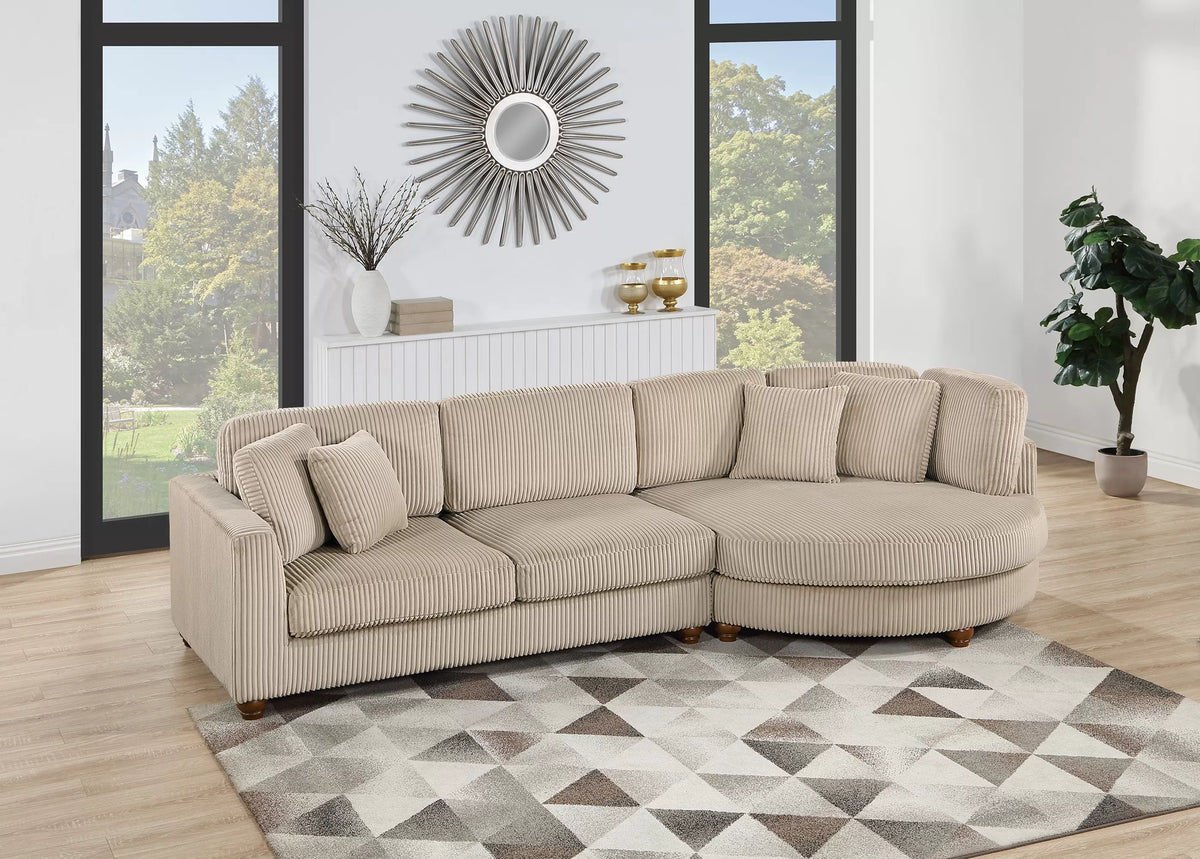2-Piece Sectional Set XL – RAF Chaise + LAF Sofa + 4 Accent Pillows – Camel (F8458)