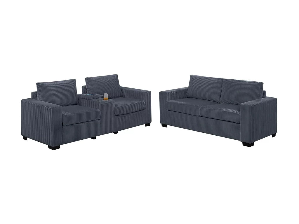 2-Piece Sofa Set – Sofa + Loveseat + Cup Holders + Console + Charging Station – Dark Gray (F8459)