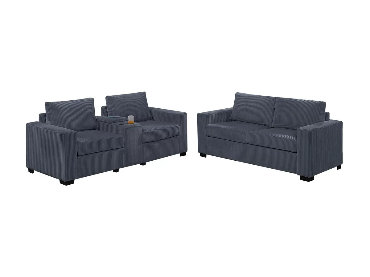 2-Piece Sofa Set – Sofa + Loveseat + Cup Holders + Console + Charging Station – Dark Gray (F8459)