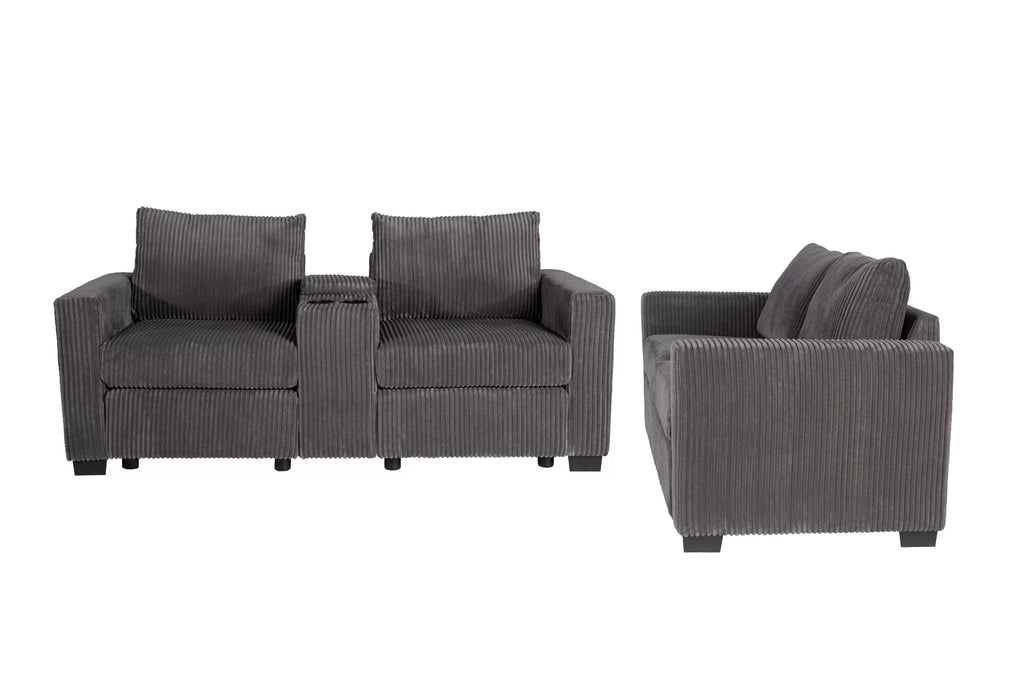 2-Piece Sofa Set – Sofa + Loveseat + Cup Holders + Console + Charging Station – Dark Gray (F8459)