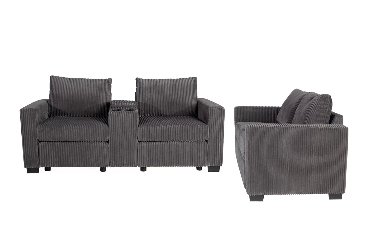 2-Piece Sofa Set – Sofa + Loveseat + Cup Holders + Console + Charging Station – Dark Gray (F8459)