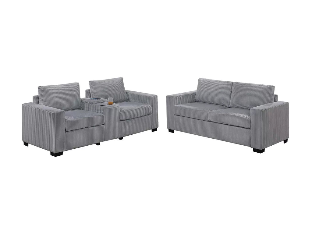 2-Piece Sofa Set – Sofa + Loveseat + Cup Holders + Console + Charging Station – Light Gray (F8460)