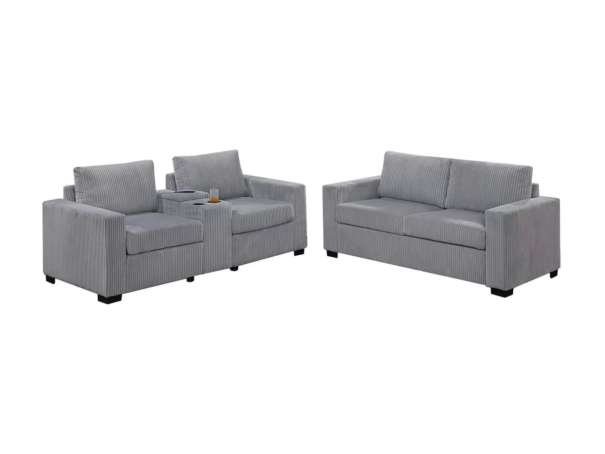 2-Piece Sofa Set – Sofa + Loveseat + Cup Holders + Console + Charging Station – Light Gray (F8460)