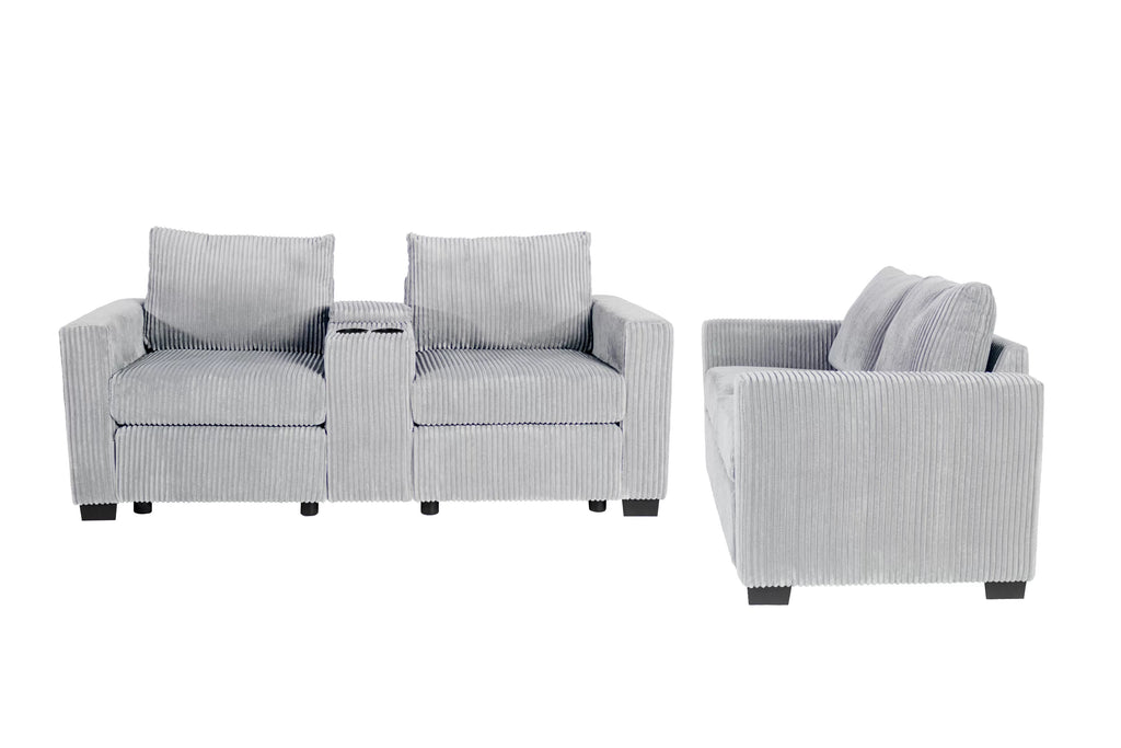 2-Piece Sofa Set – Sofa + Loveseat + Cup Holders + Console + Charging Station – Light Gray (F8460)