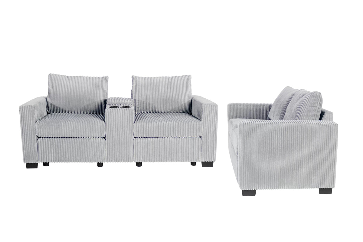 2-Piece Sofa Set – Sofa + Loveseat + Cup Holders + Console + Charging Station – Light Gray (F8460)